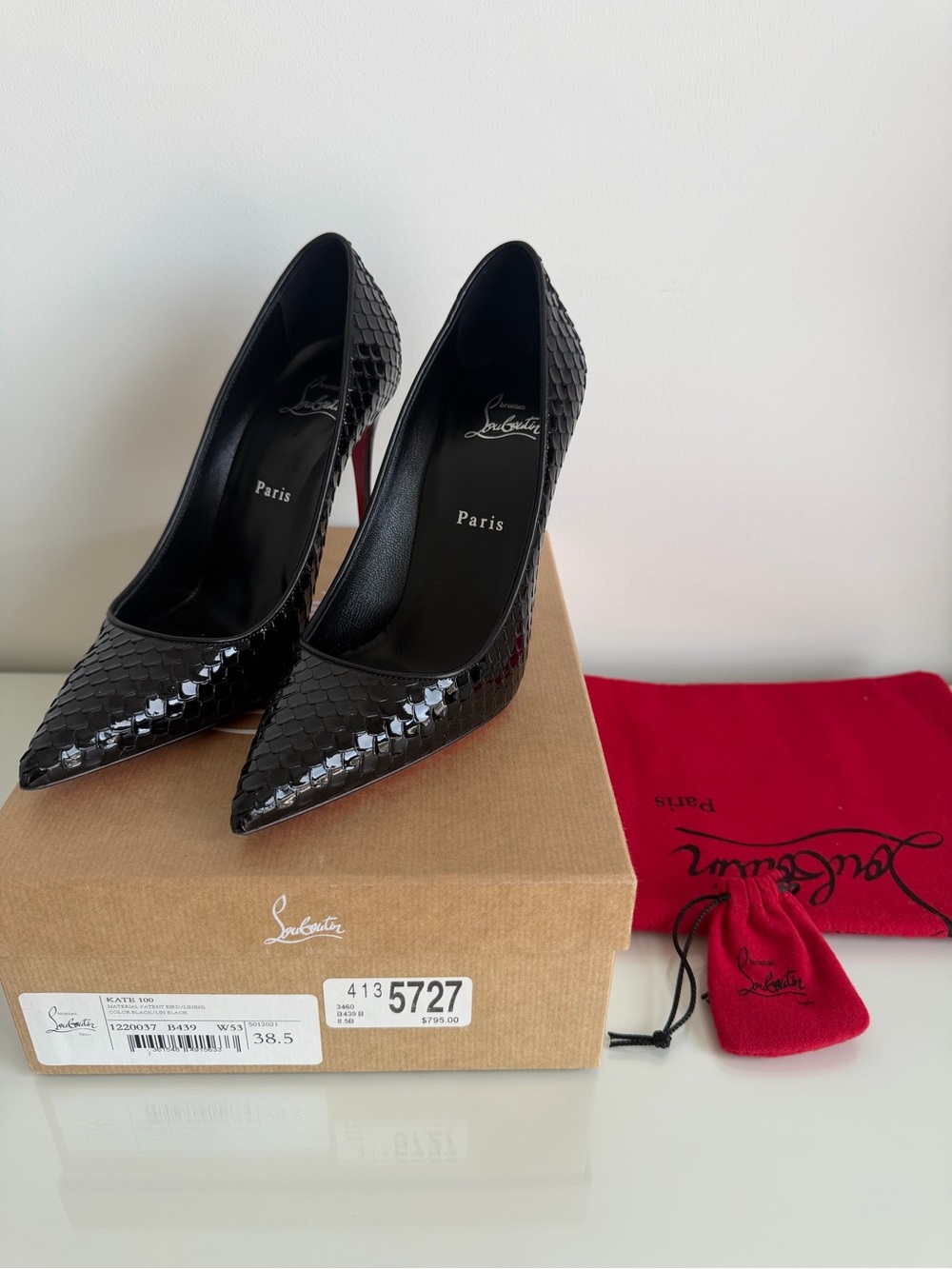 Christian Louboutin Black Patent Python-Embossed Pointed Toe Pumps